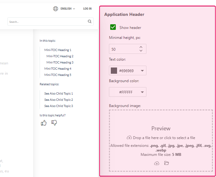 The Application Header section in the Reader Interface settings