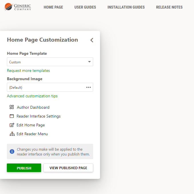 A floating customization widget on the left-hand side of the Home Page
