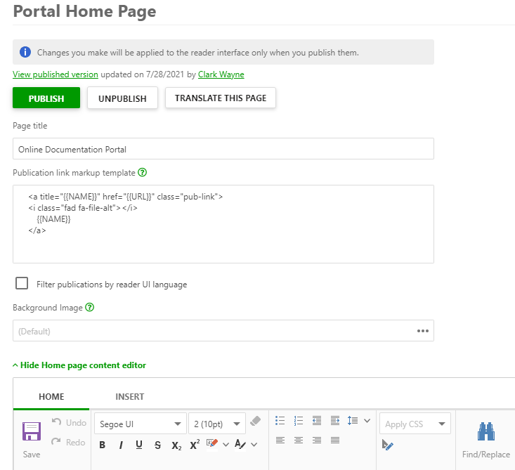Portal Home Page section in the portal settings