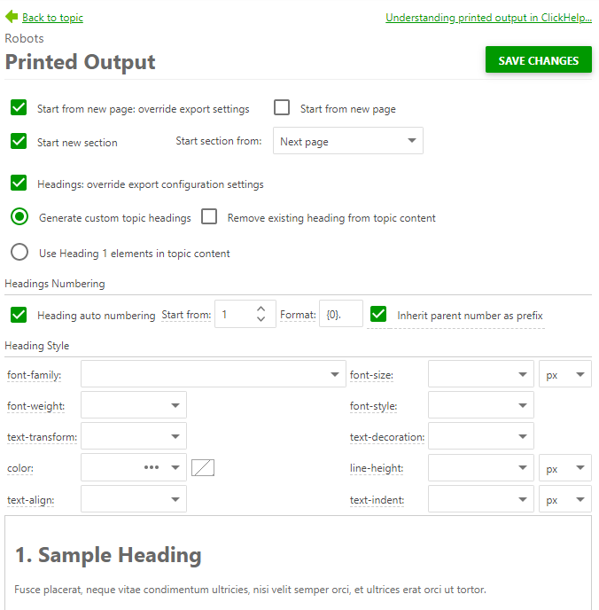 Printed output section in the topic properties