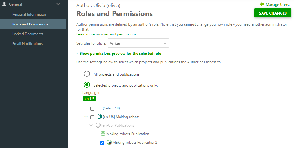 Select the publications available for a user in the user's settings