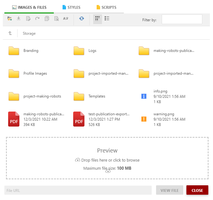 Project folders inside the File Manager