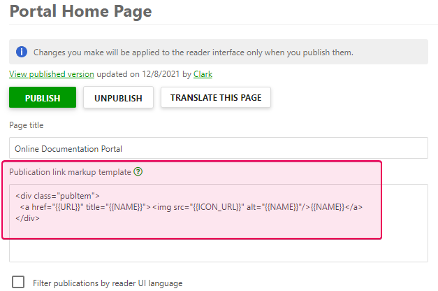 Insert the code into the Publication link markup template field in the Portal Home Page settings