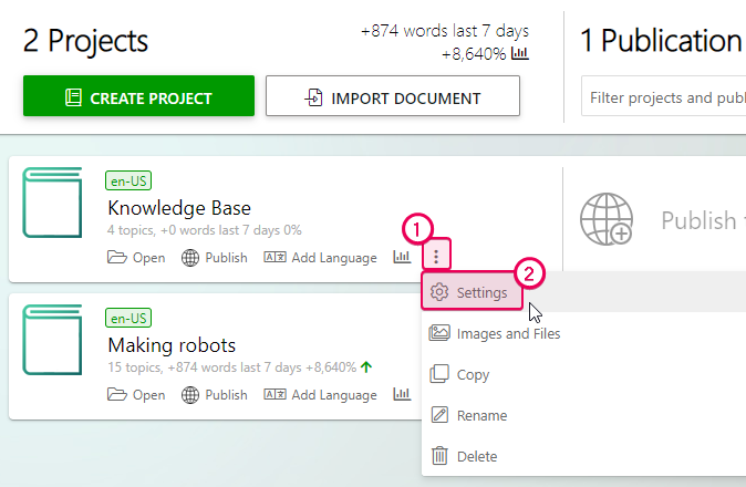 Project settings button on the Author Dashboard