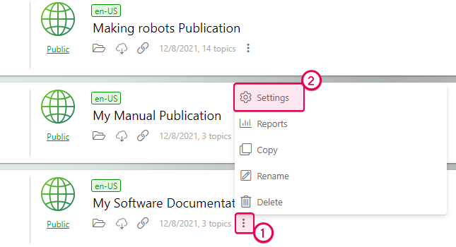 Click the publication Settings button on the Author Dashboard