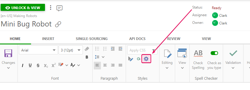The Manage project style file element on the Home tab f the editor