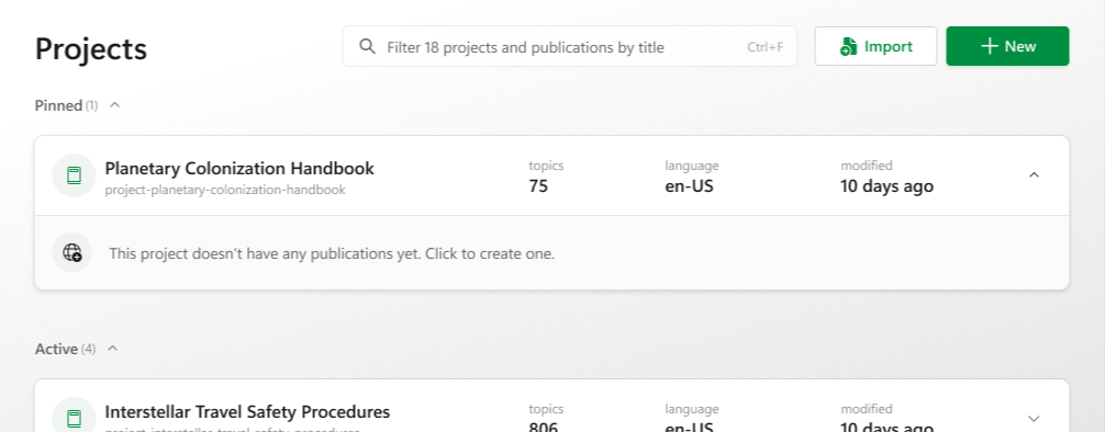 The Projects section of the Projects page