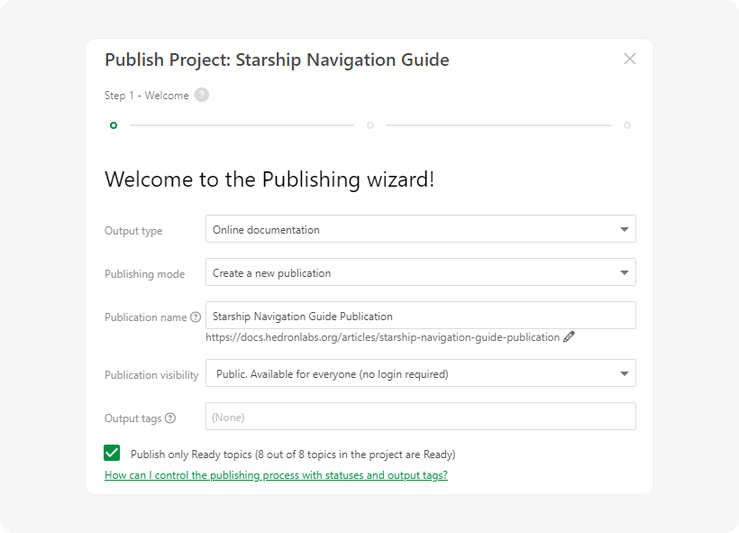 The Publish Project Wizard window