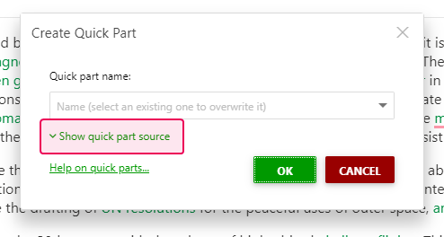 The Show quick part source link in the Create Quick Part dialog