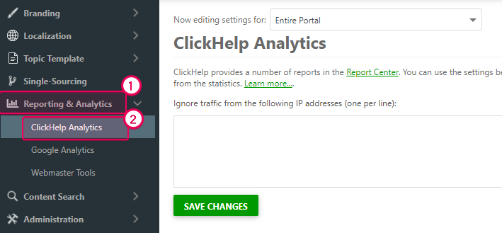 The ClickHelp Analytics section of the Portal settings