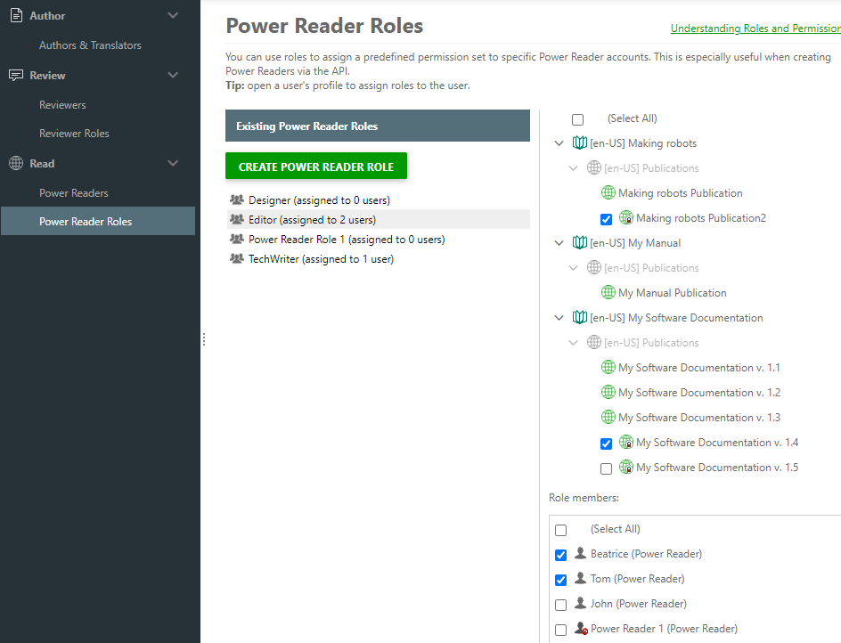 The Power Reader Roles settings