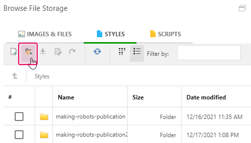 The Create new folder button in the File Manager