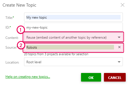 Choose the Reuse option and the necessary topic in the Create New Topic dialog