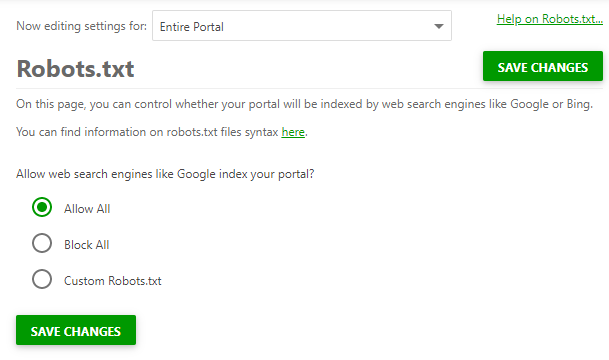 The Robots.txt section of the Portal settings