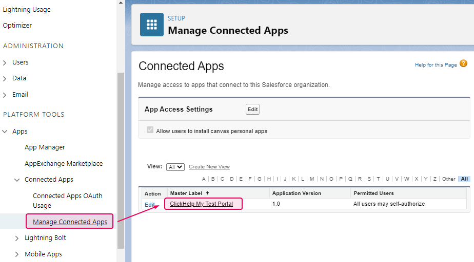 To change up security settings, go to the Manage Connected Apps screen and click the application you've just registered