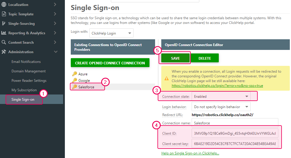 Insert the Client ID and Client secret key in the ClickHelp Single Sign-On settings