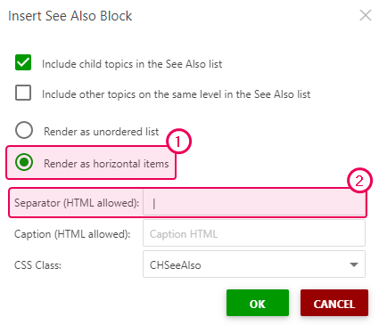 Customize the separator in the Insert See Also block dialog