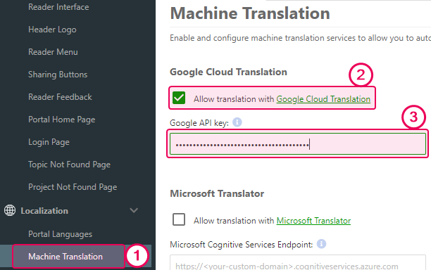 Google Cloud Translation in Machine Translation setting's section