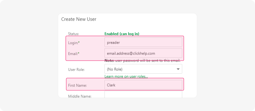 The Create New User dialog