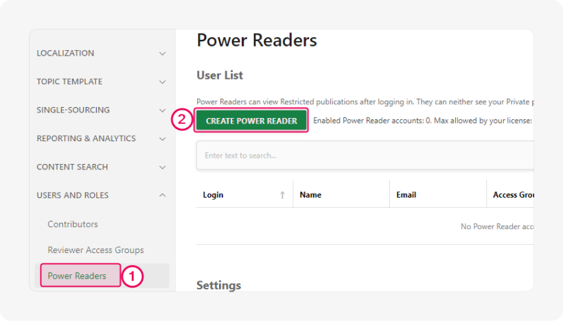 The Create Power Reader button in the Power Readers section of Users and Roles page