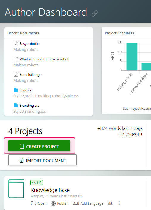 Create Project button on the Author Dashboard