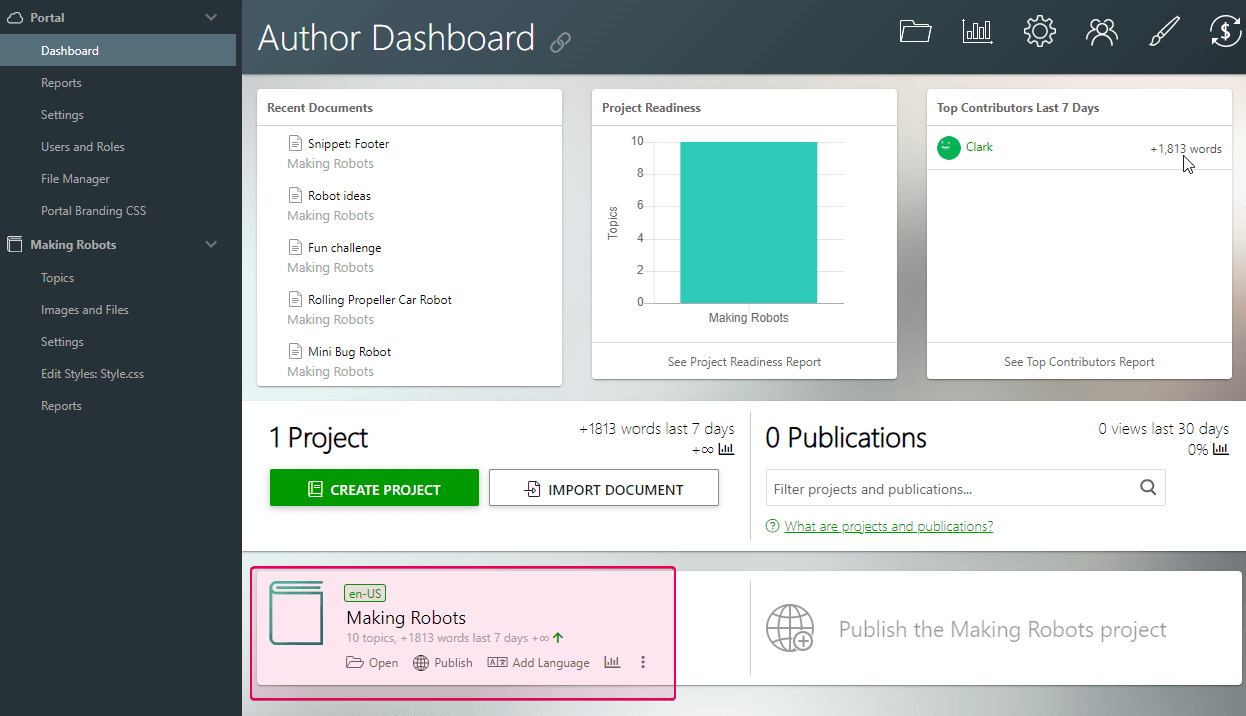 Select a project on the Author Dashboard