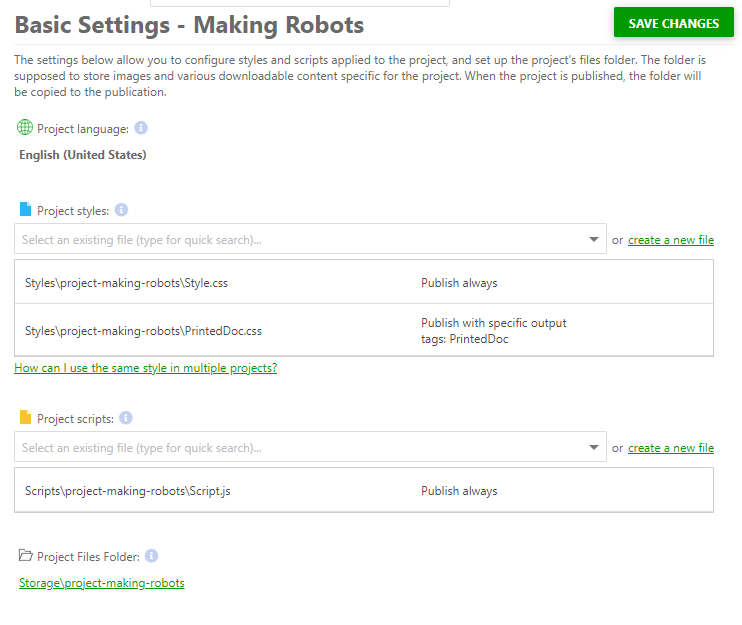 Basic project settings page