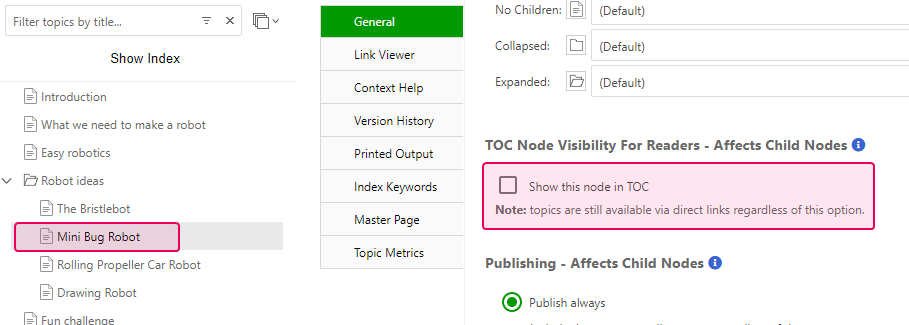 Disable the Show this node in TOC option in the topic properties