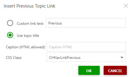The Insert Previous Topic Link dialog