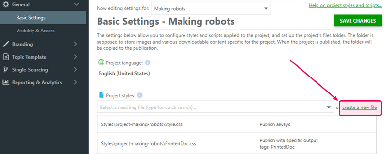 The create a new file link in the project settings