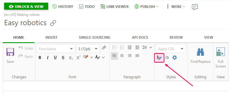 The Edit style button in the styles section of the Home tab on the Ribbon bar