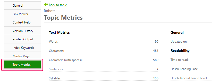 The Topic metrics section of the topic properties