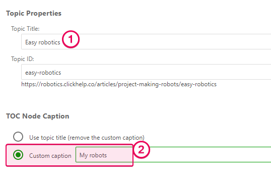 The TOC node caption section on the General topic properties page