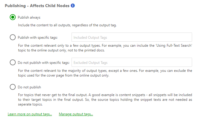 Publishing - affecting child nodes section on the General topic properties page