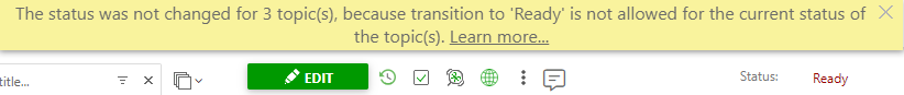 Notification informing that you can't transfer topic status from Draft to Ready