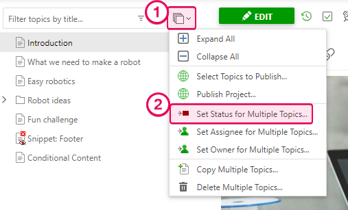 Set status for multiple topics by using the bulk action in the TOC