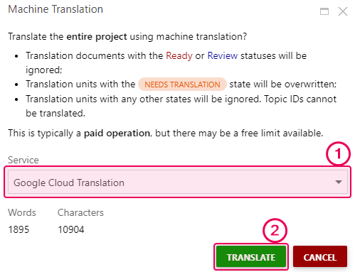 The Machine Translation pop-up window in the Projects page