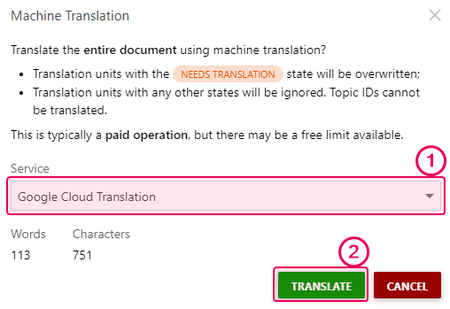 The machine Translation pop-up window in the translation editor with the number of words