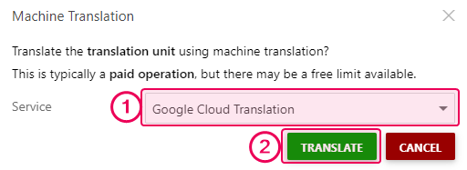 The machine translation pop-up window in the translation editor