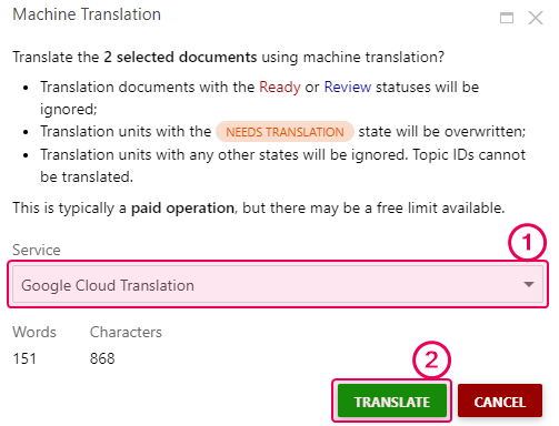 The Machine Translation pop-up window in the translator dashboard