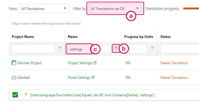Set the necessary filters on the Translator Dashboard to display only settings