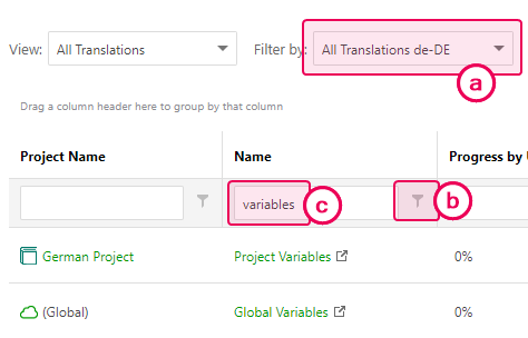 Filter the translation documents to display variables ones