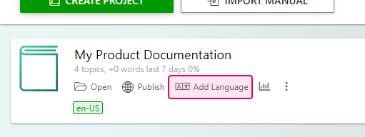 The Add Language button on the Projects page