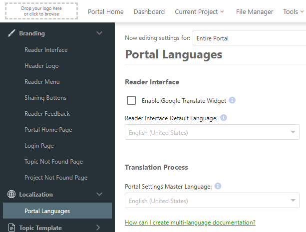 The Portal Languages section of the Portal settings
