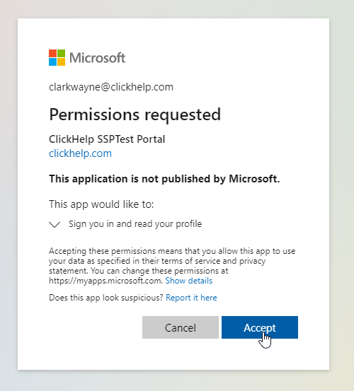 Permissions request to read the Azure AD user profile