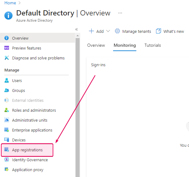 The App registrations button in the Azure Active Directory