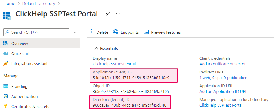 The Application ID and Directory ID in the application widget