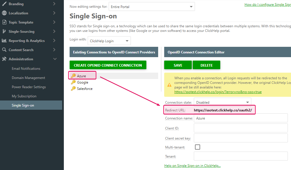 Open the ClickHelp Single Sign-On settings and specify the Redirect URL