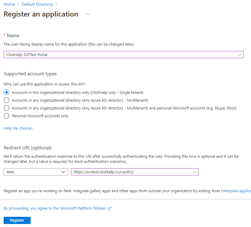 Fill in the necessary fields on the Register an application screen