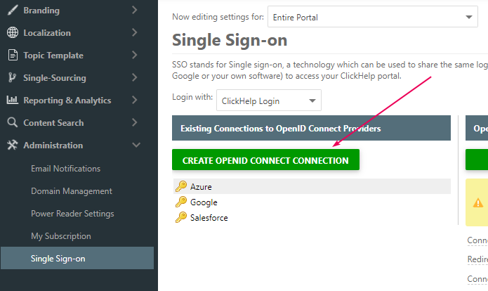 The Create OpenID connect connection in the ClickHelp Single Sign-On settings